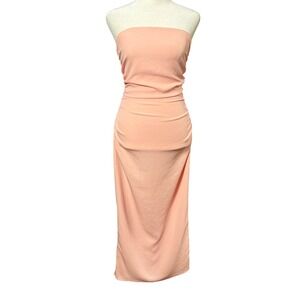 REISS Izzy Ruched Strapless Midi Dress Wedding Guest 4 Peach Hoco